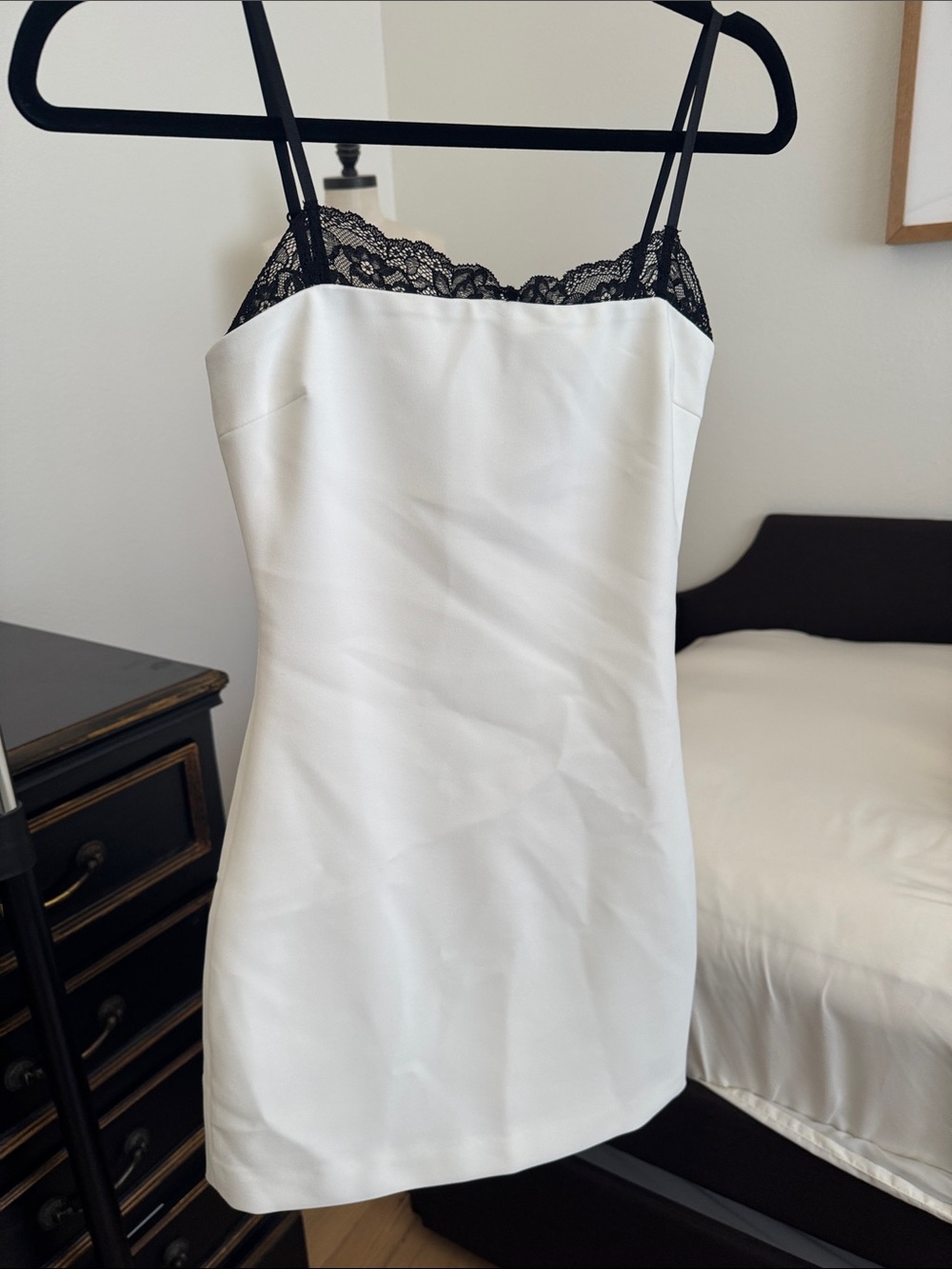 Zara White Mini Slip Dress with Black Lace